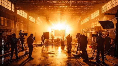 Warm light on film set bathed, creating silhouette effect. Indoor space with natural light. Crew members working with filming equipment.