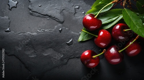 Ripe cherries with foliage arranged on a slick, dim marble backdrop, offering space for text.