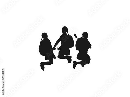 school children jumping silhouettes. Happy kids playing and jumping. Silhouette of jumping school students. silhouette of schoolgirl running jumping. vector icon symbol isolated on white background.