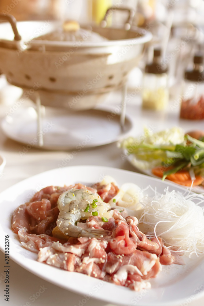 Seafood and meat with vermicelli for  barbecue grill and hot pot street buffet thai style. (Moo Kra Ta).