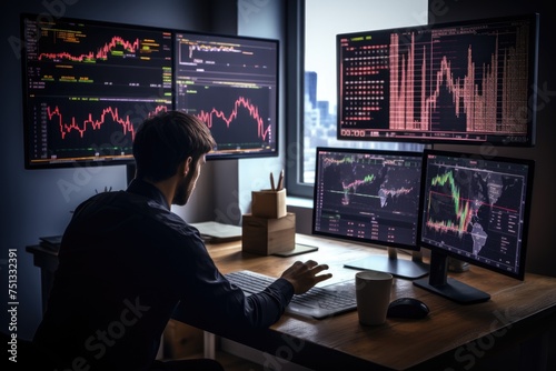 Financial figures analyzing market data on large displays