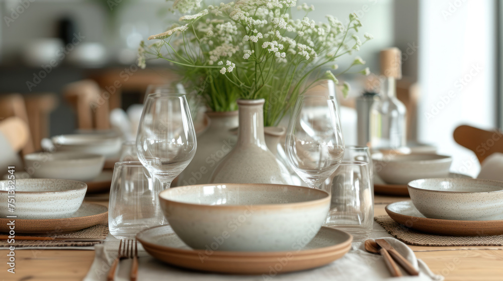 Intimate dining setting with elegant tableware and fresh daisies in a vase, capturing a moment of tranquility and refined taste
