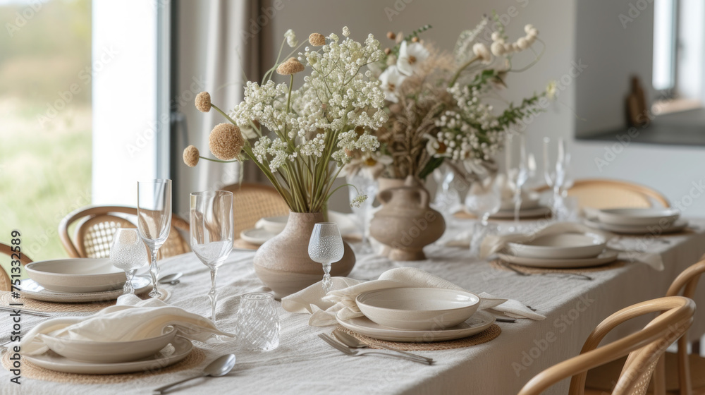 Intimate dining setting with elegant tableware and fresh daisies in a vase, capturing a moment of tranquility and refined taste