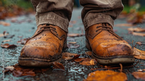 Close-up of an elderly man's feet in old worn shoes