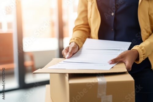 Reviewing documents on a cardboard box in sunlight
