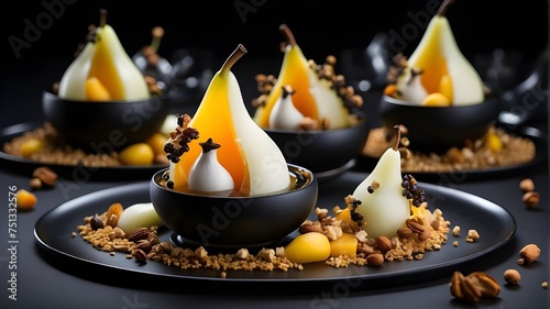 Prepare to be amazed by a unique and creative 8K food photograph that captures the essence of molecular gastronomy. The Pear, Toffee, and Badger Flame are transformed into a work of art, with each ele photo