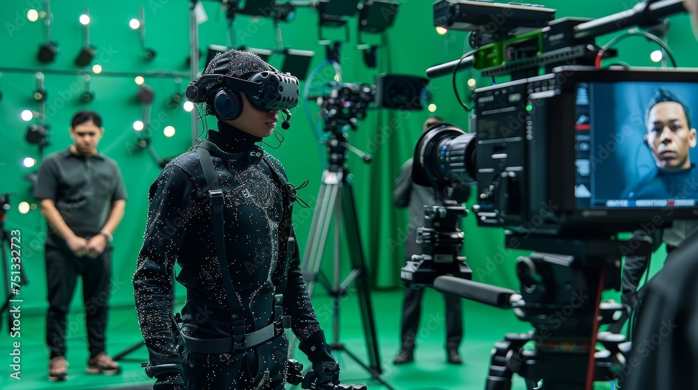 Big film studio, professional crew shooting blockbuster movie. Using