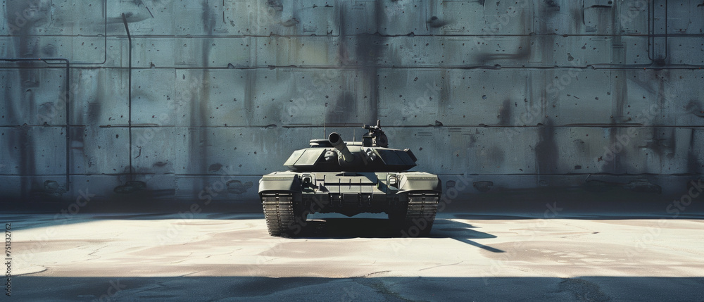 A solitary armored tank stands ready in a vast sunlit military hangar.