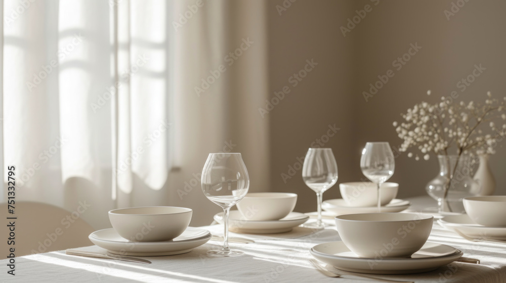 Scandinavian-inspired dining table set elegantly with neutral tones, showcasing a bouquet of baby's breath and fine glassware, ready for a serene meal