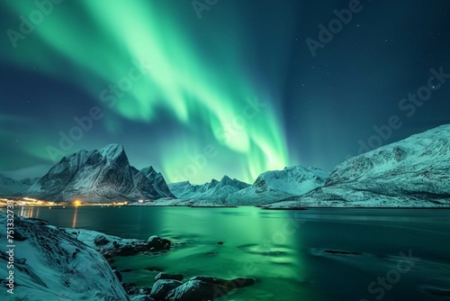 Scenic landscape of aurora over rocky seashore in Norway