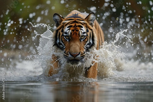 Siberian tiger, Panthera tigris altaica, low angle photo direct face view, running in the water directly at camera with water splashing around. Attacking predator in action. Tiger in taiga environment
