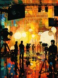 Illustration in pop art style showing film industry set, silhouette of film crew, equipment working on video creature. Oil painting