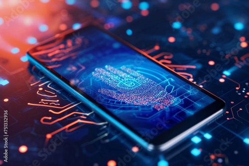 smartphone digital identity and cybersecurity of personal banking or investment safety online concept, wide banner of mobile phone using biometric digital finger print and Two-factor authentication photo