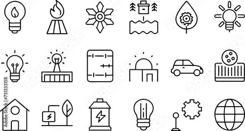 Energy saving and efficiency editable stroke outline icons set isolated on white background flat vector 