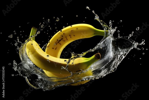 Banana descending into water, creating a unique splash pattern. black background.