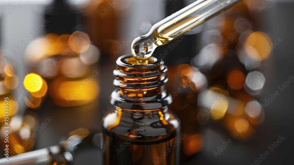 Close-up of natural skincare oils with dropper, focus on the oil drop Close-up of natural skincare oils with dropper, focus on the oil drop