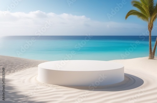 Podium on beach. Seashore with empty white stage. Blue ocean and tropical palms. Empty scene for product presentation. Marketing promotion. Outdoors pedestal. Minimal showcase vacation scene