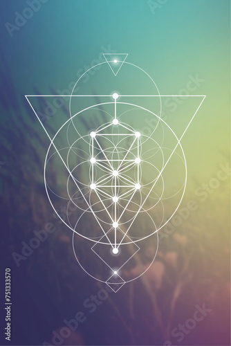 Flower of life. Tree of life. Sacred geometry spiritual new age futuristic illustration with interlocking circles, triangles and particles