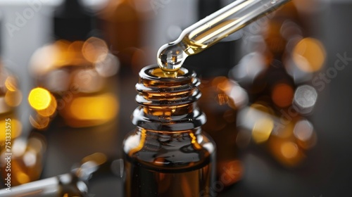 Close-up of natural skincare oils with dropper, focus on the oil drop