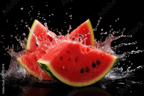 Watermelon chunk falling with a splash, showcasing red flesh. black background.