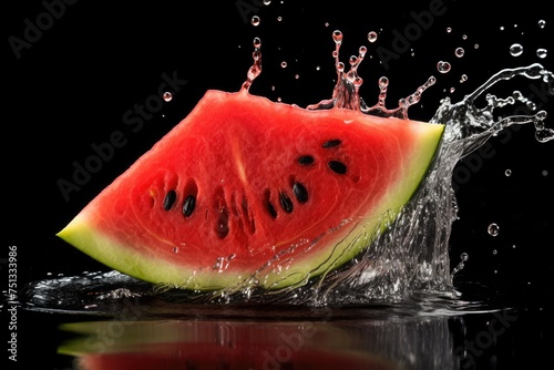 Watermelon chunk falling with a splash, showcasing red flesh. black background.
