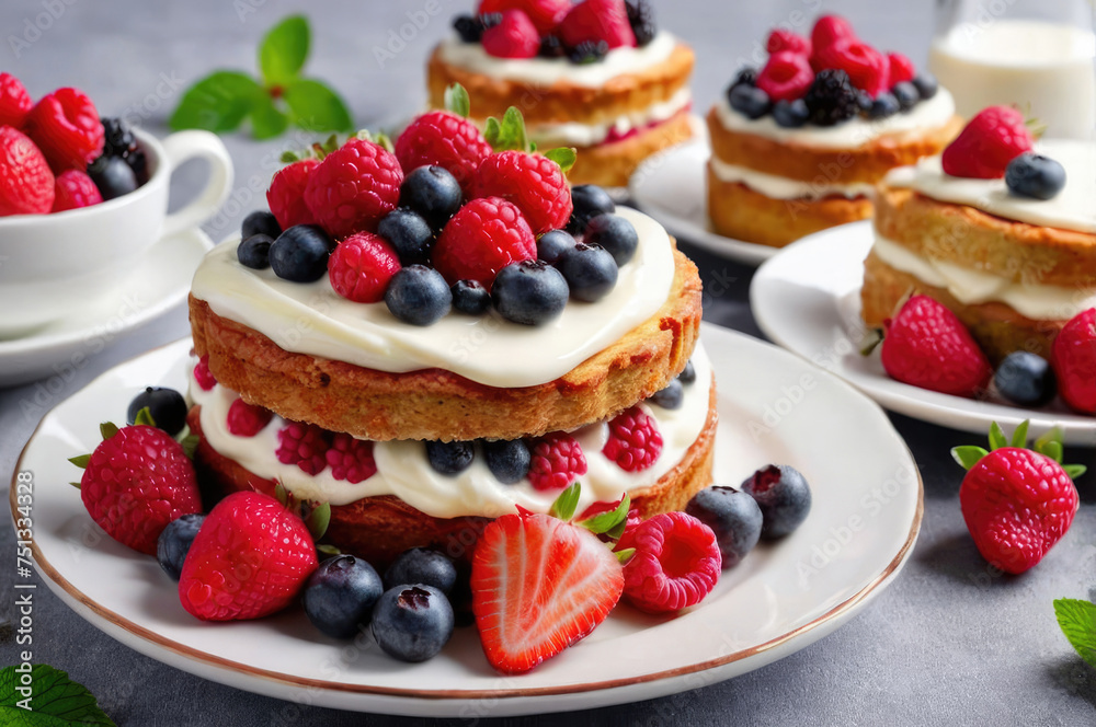 A white cake with blueberries and strawberries on top A white cake with blueberries and strawberries on top