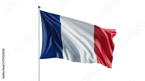 Waving French flag on a flagpole, isolated or white background
