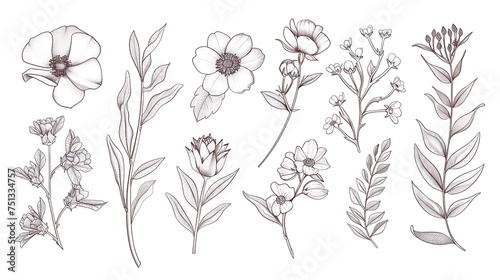 Set of hand drawn botanical flowers  branches and leaves. Trendy sketch elements of wild and garden plants in line art style. illustration on white background. Generative Ai