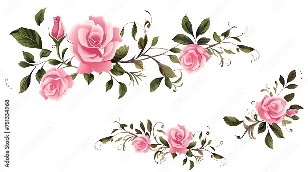 Set of small floral corner arrangements with pink rose flowers and green leaves isolated on white background. Generative Ai