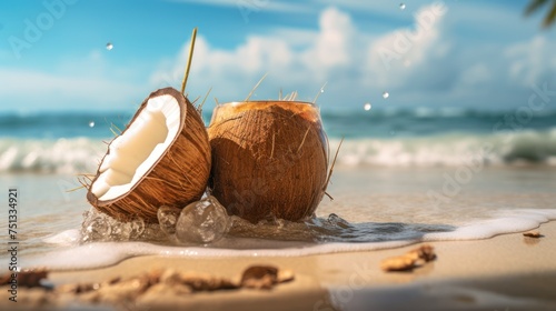 Under the tropical rays, a fresh coconut splits on the beach.