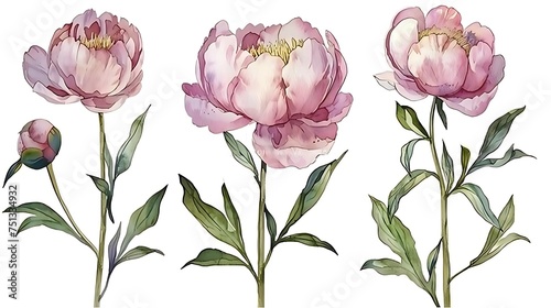Fototapeta Naklejka Na Ścianę i Meble -  Set of peonies flowers on an isolated white background, watercolor peony illustration, botanical painting. Generative Ai