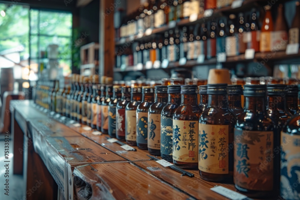 Japanese shochu .Bottles of beer on a shelf in a pub or restaurant. Japanese shochu .Bottles of beer on a shelf in a pub or restaurant.
