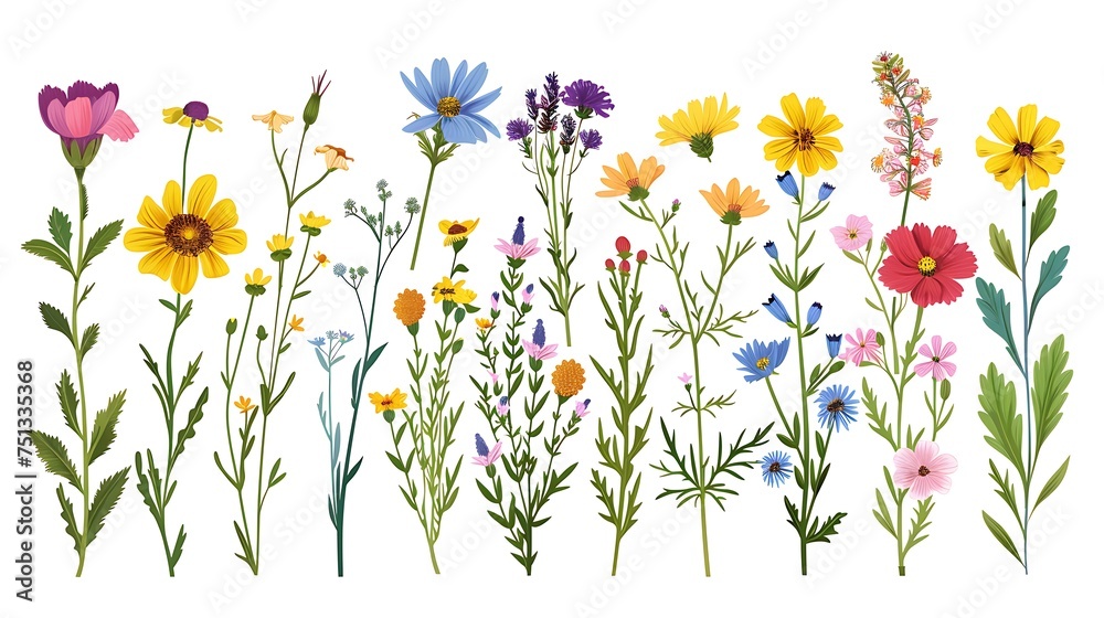 Set of wild flowers isolate on white background. Generative Ai Set of wild flowers isolate on white background. Generative Ai