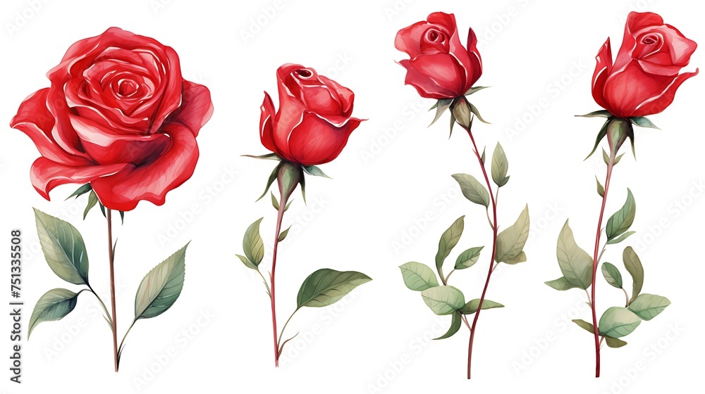 set red rose, beautiful flower on an isolated white background, watercolor illustration, botanical painting. Generative Ai set red rose, beautiful flower on an isolated white background, watercolor illustration, botanical painting. Generative Ai