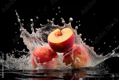 Peach entering water, with the focus on its fuzzy texture. black background.