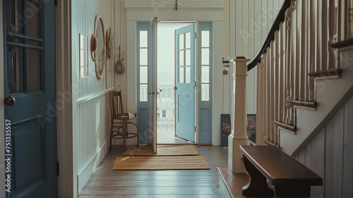 Interior of an old house with wooden stairs and a wooden door