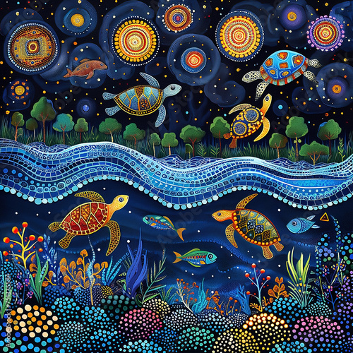Australian Aboriginal dot painting style art landscape with a river, fish and turtles.
