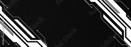 Abstract geometrical cyber tech metaverse digital web 3 horizontal dark banner design template blank with place for text . Geometrical black and white sci fi cyberpunk shapes interface hud hui