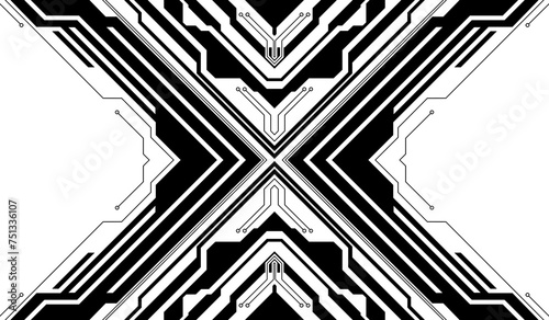 Abstract geometrical cyber tech illustration digital web 3 horizontal shapes design template blank. Geometrical black dark sci-fi cyberpunk blueprints pcb board integrated circuit interface