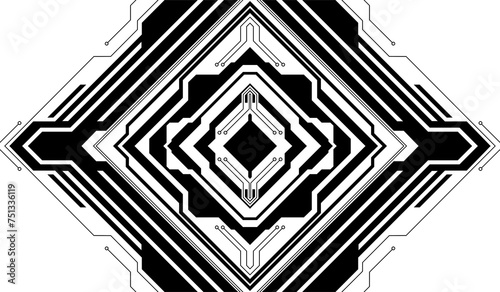 Abstract geometrical cyber tech illustration digital web 3 horizontal shapes design template blank. Geometrical black dark sci-fi cyberpunk blueprints pcb board integrated circuit interface