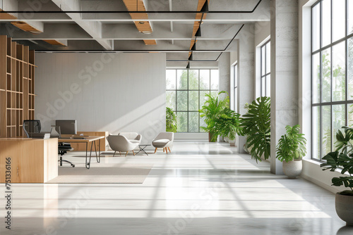 Interior of modern office with white walls  concrete floor  white computer tables with white armchairs and plant pots