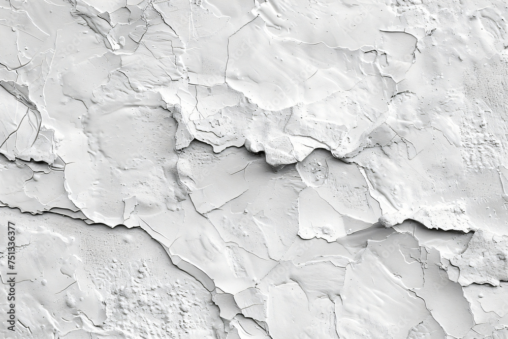 White cracked plaster texture on rough surface. Distressed background for grunge design and print.