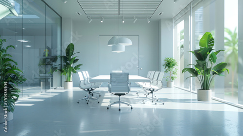 Modern meeting room with white walls, concrete floor, long conference table with white chairs and green plants. photo