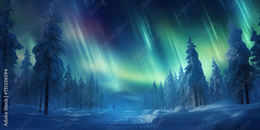 Stunning display of aurora borealis above a forest of snow-laden trees in a winter landscape