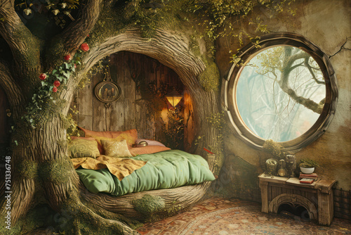 fantasy bedroom with a big tree and a bed