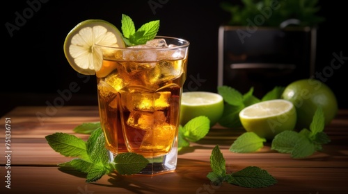 On a rustic wooden background, there sits iced tea garnished with lime and mint.