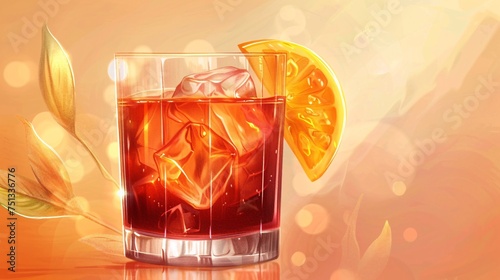 boulevardier cocktail, illustrator, 2d vector, orange garnish, ice cube in glass, light orange background