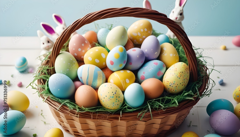 Multicoloured Easter eggs in a beautiful wooden bowl on a table
