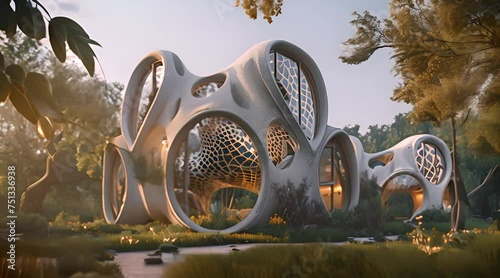 Futuristic Organic Architecture in Lush Forest with AI generated.
 photo