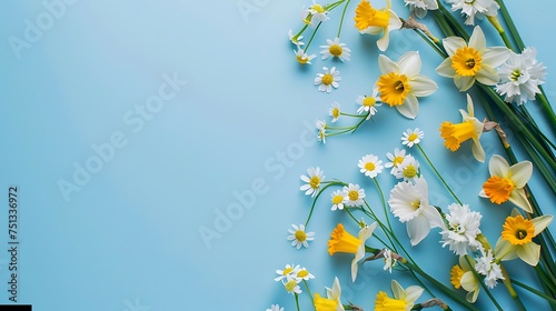 Spring flowers flat lay on blue background. Floral card template with space for text. Happy easter! Mothers day! Daffodils, forget me nots and wildflowers in frame layout. Generative Ai